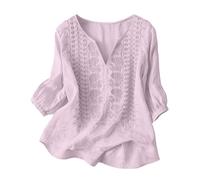 TBloevwlh Camicetta da donna in lino, maniche a 3/4, con scollo a V e piccolo ricamo a fiori, un top casual per una passeggiata o una visita al bar, come camicia a maniche corte in primavera