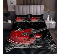 Tbrand Copriletto per chitarra a tema musicale, per bambini, ragazzi, ragazze, musica rock, set di trapunta con motivo musicale, trapuntato, collezione di 3 pezzi, matrimoniale