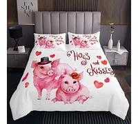 Tbrand, copriletto trapuntato con maiale romantico per bambini e ragazze, coppia di graziosi animali trapunta set rosa maiali amanti baci, collezione trapuntata, 3 pezzi per letto matrimoniale