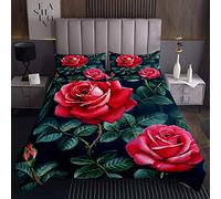 Tbrand - Copriletto trapuntato con rose e stampa floreale, per bambini, adolescenti, donne, rosso, romantico e floreale, set da letto matrimoniale