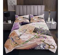 Tbrand - Copriletto trapuntato con stampa floreale viola e viola, per bambini e ragazze, set copripiumino romantico da sogno erbaceo, con vista ravvicinata, 3 pezzi, per letto king size