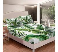 Tbrand Set di biancheria da letto con foglie di palma per ragazze e bambini, con angoli tropicali, lenzuolo con angoli verde botanico lenzuola lenzuola con rami di foglie 3 pezzi