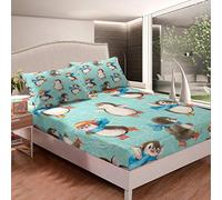 Tbrand Set di lenzuola con a pinguini cartoni animati , set di biancheria da letto con stampa a forma di animale, verde con sfondo a spirale, , 3 pezzi