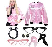 Tcairzl Halloween Cosplay Forniture Donna Retro Rosa Lady 1950s Giacca Costume con Polka Dot Collo Sciarpa Accessori Set, Bordo rosa e nero, X-Large