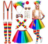 Tccydm Costume Arcobaleno Da Donna 9 Pezzi,Gonna Arcobaleno Carnevale Set,Tutù Arcobaleno Con Plumes,Nez,Boucles d'Oreilles,Cravate,Guanti,Tatouage,Bretelle et Calzini,Per Carnevale Festa Cosplay