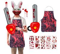 Tccydm Maschera di Halloween Horror Coniglio Set, Costume Halloween Uomo, Maschera Coniglio di Halloween, con Grembiule Insanguinato, Motosega Gonfiabile e Adesivi per Ferite, Taglia Unica