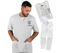 TCD DIVISA OSS Operatore Socio sanitario, Casacca e Pantalone UNISEX in cotone Sanforizzato - STAMPATA CON DISEGNO, NOME E MANSIONE (L, Bianca Albero della vita blu)