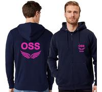 TCD Felpa Unisex OSS Operatore Socio Sanitario con Zip e Cappuccio colore blu scuro - Personalizzata con stampa Fronte/Retro (XS, OSS ALI IN SU, FUCSIA)