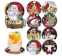 Tcdwla 8 Pezzi Diamond Painting Sottobicchieri con Contenitore, Per fai da te Base di Ghiaccio e Neve, Include Babbo Natale, Cervo, Pinguino, Popolo di Neve (A)