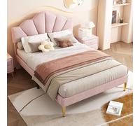 Tcewhhy Velour Lit Rembourré, 140 x 190 cm, Lit Double, Forme de Coquille Avec Pieds en fer doré, tête liréglable Hauteur, sommier à Lattes en Bois, rosa