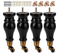 TCHOSUZ Gambe per mobili in legno da 22 cm con ruote, confezione da 4 pezzi classici neri in legno massello, rotondi, fai da te, per progetti fai da te, divano, armadio, ottomano, letto, rialzo