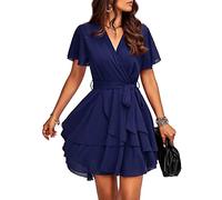 TcIFE Vestito Elegante da Donna con Scollo a V Maniche Corte Vestiti A Vita Alta con Cintura Casual Mini Abito per Cocktail Evening Party, Blu Navy, M