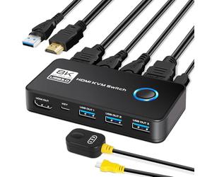 TCNEWCL 8K@60Hz HDMI USB 3.0 KVM Switch 2 PC 1 Monitor 4K @120Hz, switch KVM a 2 porte HDMI USB, supporta HDR, Dolby Audio, 3D, HDCP2.3, con cavo HDMI 2.1 e USB 3.0