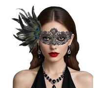 TCNGKIJIUK Maschera da maschera da donna, maschera da ballo in pizzo con piume, mezza maschera veneziana con piume con strass, accessori per travestimento per Halloween, festa carnevale, cocktail