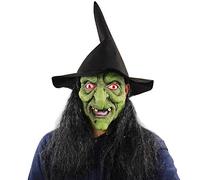 TCNGKIJIUK Maschera da strega di Halloween per adulti, maschera da strega verde con parrucca nera, maschera horror spaventosa realistica, costume di Halloween in lattice per festa carnevale