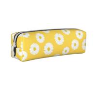 Tcoay Astuccio portapenne cilindrico portatile con cerniera in pelle, borsa per cosmetici,Aster bianco Margherita gialla