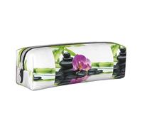 Tcoay Astuccio portapenne cilindrico portatile con cerniera in pelle, borsa per cosmetici,Benessere asiatico con pietre da massaggio Zen Orchidea viola