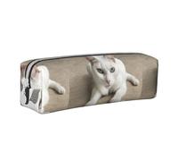 Tcoay Astuccio portapenne cilindrico portatile con cerniera in pelle, borsa per cosmetici,Gatto bianco con gli occhi azzurri a terra