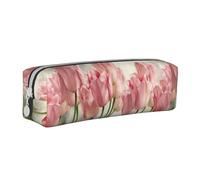 Tcoay Astuccio portapenne cilindrico portatile con cerniera in pelle, borsa per cosmetici,Tulipani rosa stampati