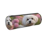 Tcoay Astuccio portapenne in pelle, astuccio porta cosmetici portatile con cerniera argentata,Bella stampa di cane maltese