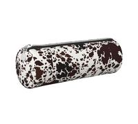 Tcoay Astuccio portapenne in pelle, astuccio porta cosmetici portatile con cerniera argentata,Macchie marroni sulla pelle di mucca