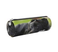 Tcoay Astuccio portapenne in pelle, astuccio porta cosmetici portatile con cerniera argentata,Modello carino per cane Labrador nero