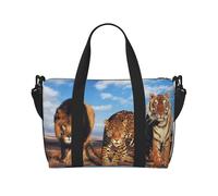 Tcoay Borsa da spiaggia per donna con stampa leone, leopardo e tigre che lottano per il cibo, borsa da viaggio riutilizzabile a mano e a tracolla