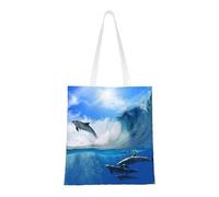 Tcoay Borsa della spesa riutilizzabile, borsa della spesa, borsa a tracolla in tela multiuso,Quattro delfini nel mare delle balene