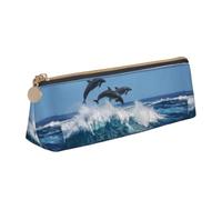 Tcoay Delfino tursiope comune, Astuccio portamatite triangolare portatile con cerniera, in PVC e similpelle, ideale per adolescenti e adulti.