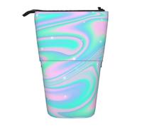 Tcoay Sfondo astratto olografico in pastello neon, portapenne in piedi, astuccio per cancelleria, astuccio per matite, organizer telescopico