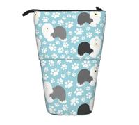 Tcoay Sfondo di un vecchio cane da pastore inglese con zampe disegnate a mano, simpatico cartone animato, portapenne in piedi, astuccio per cancelleria, astuccio per matite, organizer telescopico