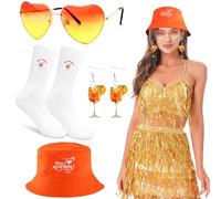 TCRZHHRX Set Completo Aperol Spritz Donna 4 Pezzi: Cappello Ricamato, Calzini, Orecchini, Occhiali Cuore - Regalo Estivo per Carnevale, Sagre e Cocktail Party (Holy aperoli, Arancia)