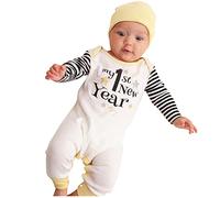 TDEOK Il mio primo anno nuovo abbigliamento neonato bambino ragazzo Capodanno abiti strisce lettera stampa pagliaccetto tuta cappello abiti set pagliaccetto vestito, beige., 6-12 Mesi