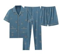 TDEOK Pigiama Uomo Corto Cotone: Cotone Due Pezzi Pigiama Set Manica Lunga A Righe Stampa Pigiami Uomini Con Bottoni Pigiameria Uomo Scollo A V Loungewear Pantaloni Corti E Pantaloni Lunghi, Azzurro,