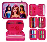 Barbie - Astuccio completo di cancelleria per la scuola, set per bambini, 3 ripiani, con penne, matite e pennarelli, motivo: principessa rosa, rosa, Astuccio con cerniera