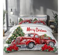 TDNEKMCA Copripiumino Camion D'Epoca Matrimoniale 3 Pezzi Copripiumino 240x220cm con 1 Federa 50x75cm Microfibra Albero Di Natale Vinatura Del Legno decorazioni casa Rosso Verde Completo letto natale