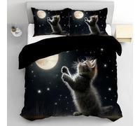 TDNEKMCA Copripiumino Matrimoniale 200x200cm,Gatto Carino Luna 3D Stampato, Set Letto Matrimoniale in Microfibra con Cerniera, 1 Copripiumini + 2 Federa 50x75 cm (Nero)
