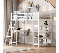 TDRTRD Letto a soppalco moderno 90 x 200 cm con scrivania e scala, letto soppalco 1 posto in legno con ripiani, Ringhiera e rete a doghe multifunzione letto rialzato per bambini, senza materasso