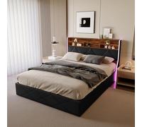 TDRTRD Letto matrimoniale 140 x 200 cm, letto cassettiera con illuminazione a LED e USB, telaio letto con rete a listelli, letto con spazio di archiviazione idraulico e testiera senza materasso (nero