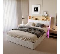 TDRTRD Letto matrimoniale 160 x 200 cm, letto cassettiera con illuminazione a LED e USB, telaio letto con rete a listelli, letto con spazio di archiviazione idraulico e testiera senza materasso