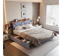 TDRTRD Letto matrimoniale imbottito 140 x 200 cm, letto adulto con contenitore e 4 cassetti, letti imbottiti con schienale inclinato, testiera dei letti con ripostiglio scorrevole, letti con USB, lino