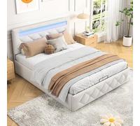 TDRTRD Letto matrimoniale imbottito con LED, 160 x 200 cm, letto baule con rete a doghe e testata dei letti regolabile, letti per 2 persone con spazio di archiviazione per adulti e adolescenti, beige