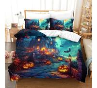 TDSNKAVHB Halloween Village3D Printing Bed Set Bedding Set Microfiber Soft Pumpkin LanternHidden Zipper And Pillow Case for Kids AdultSuper King(260x220cm)