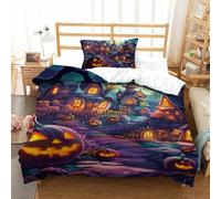 TDSNKAVHB Halloween Village3D Printing Bed Set Bedding Set Microfiber Soft Pumpkin LanternHidden Zipper And Pillow Case for Boys And GirlsSingle(135x200cm)