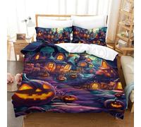 TDSNKAVHB Halloween Village3D Printing Bed Set Bedding Set Microfiber with Pumpkin LanternHidden Zipper And Pillowcases for Teen KidsSingle（140x200cm）
