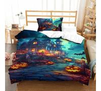 TDSNKAVHB Halloween Village3D Printing Bed Set Bedding Set Microfiber with Pumpkin LanternHidden Zipper And Pillowcases for Kids AdultSingle（135x200cm）