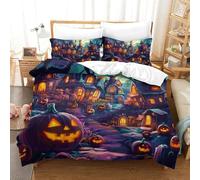 TDSNKAVHB Halloween Village3D Printing Bed Set RoomDecor Microfiber Soft Pumpkin LanternHidden Zipper And Pillow Case for Boys And GirlsKing（220x240cm）