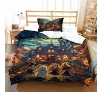 TDSNKAVHB Halloween Village3D Printing Duvet Covers Bedding Set Microfiber with Pumpkin LanternHidden Zipper And Pillow Case for Boys And GirlsSingle（135x200cm）