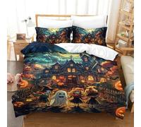 TDSNKAVHB Halloween Village3D Printing Duvet Covers RoomDecor Microfiber with Pumpkin LanternHidden Zipper And Pillowcases for Kids AdultSingle（140x200cm）
