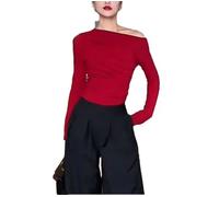 Tdvcpmkk Maglietta asimmetrica da donna con scollo inclinato, colore bianco nero e rosso, con spalle scoperte, divertente, slim, T-shirt rossa, M